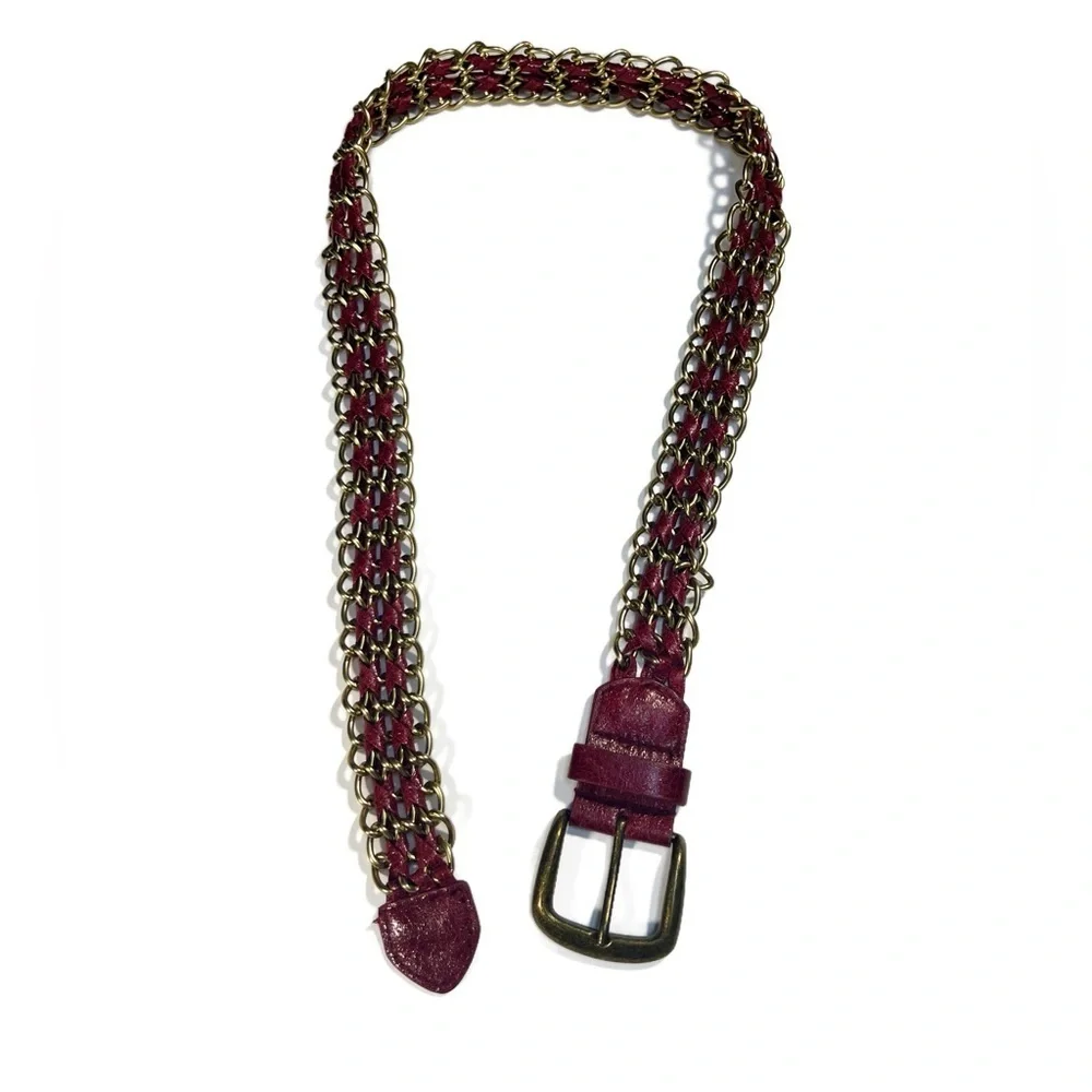 Vintage Antiqued Gold and Burgundy Vegan Leather Woven Chain Belt Womens size S